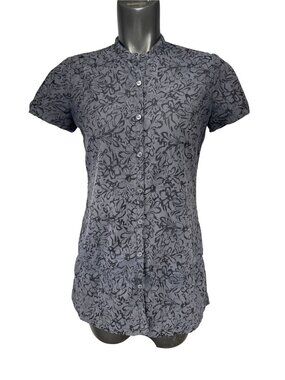 GIORDANO Floral Sheer Fitted Waist Button-Up Short-Sleeve‎ Black Grey Shirt M